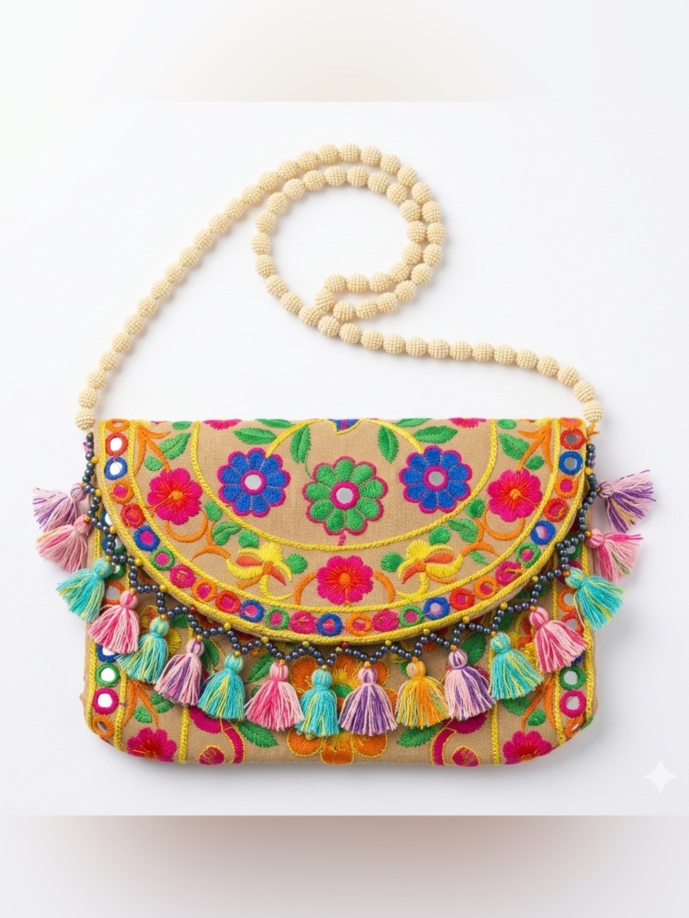 New Embroidered Boho Tassel Crossbody Bag NIB Made in India